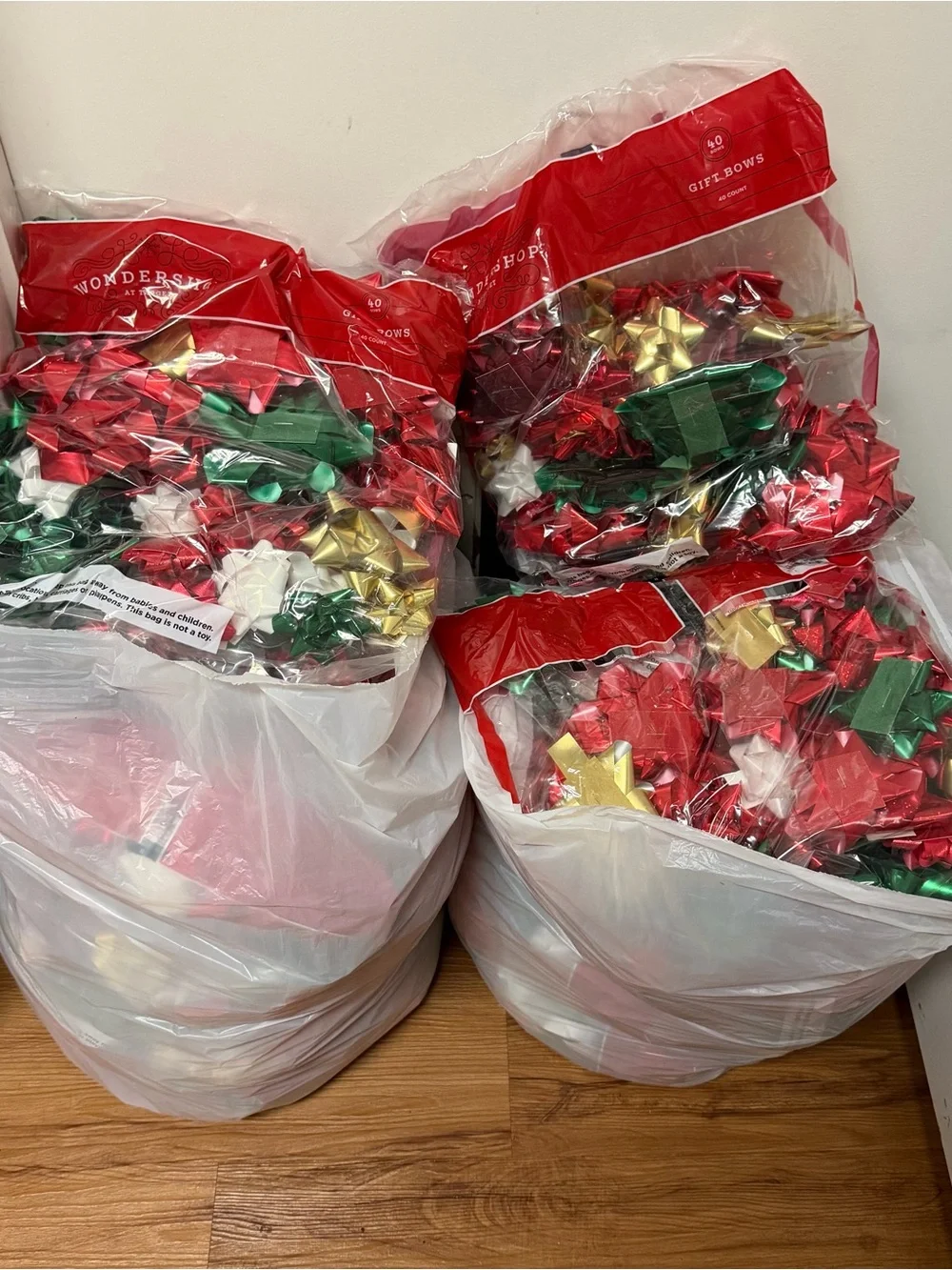 5 bags-  Metallic Holiday Gift Bows in Red, Green, White, Gold - 200 Count